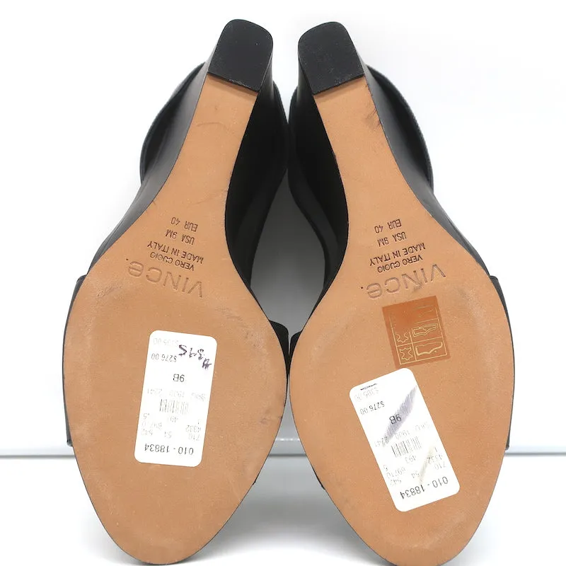 Vince Cutout Wedge Mules Kaya Black Leather Size 9 Peep Toe Sandals NEW