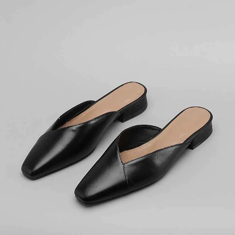 vintage genuine leather mules women low heels Korean sweety square toe simple lazy style summer holiday pumps