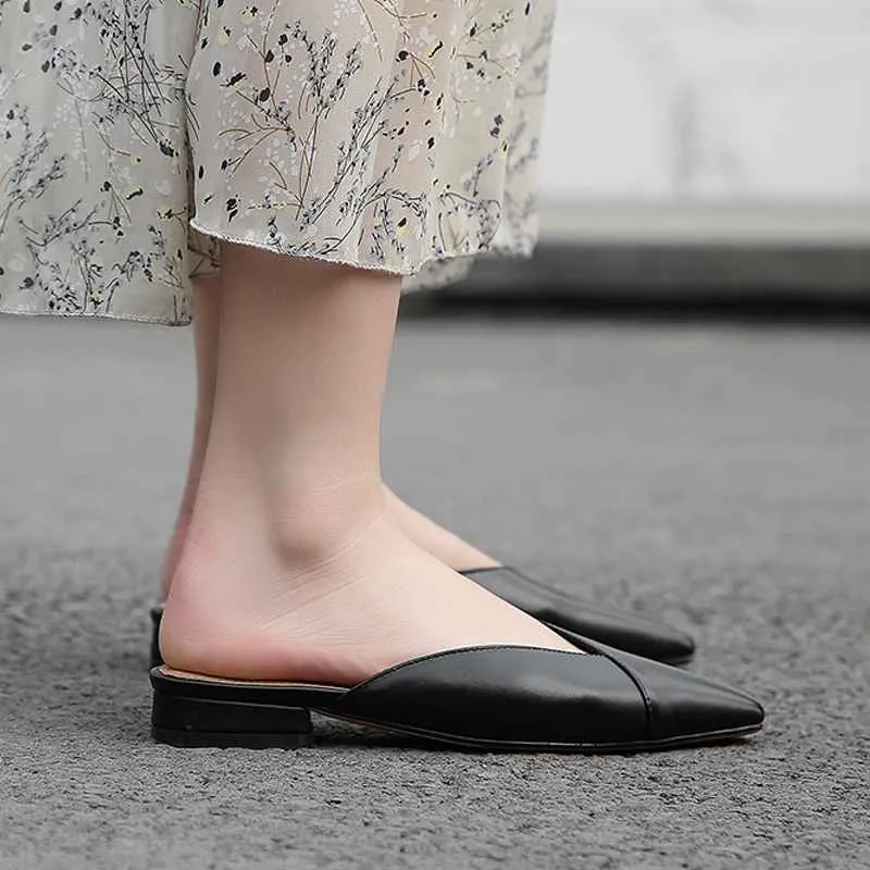 vintage genuine leather mules women low heels Korean sweety square toe simple lazy style summer holiday pumps