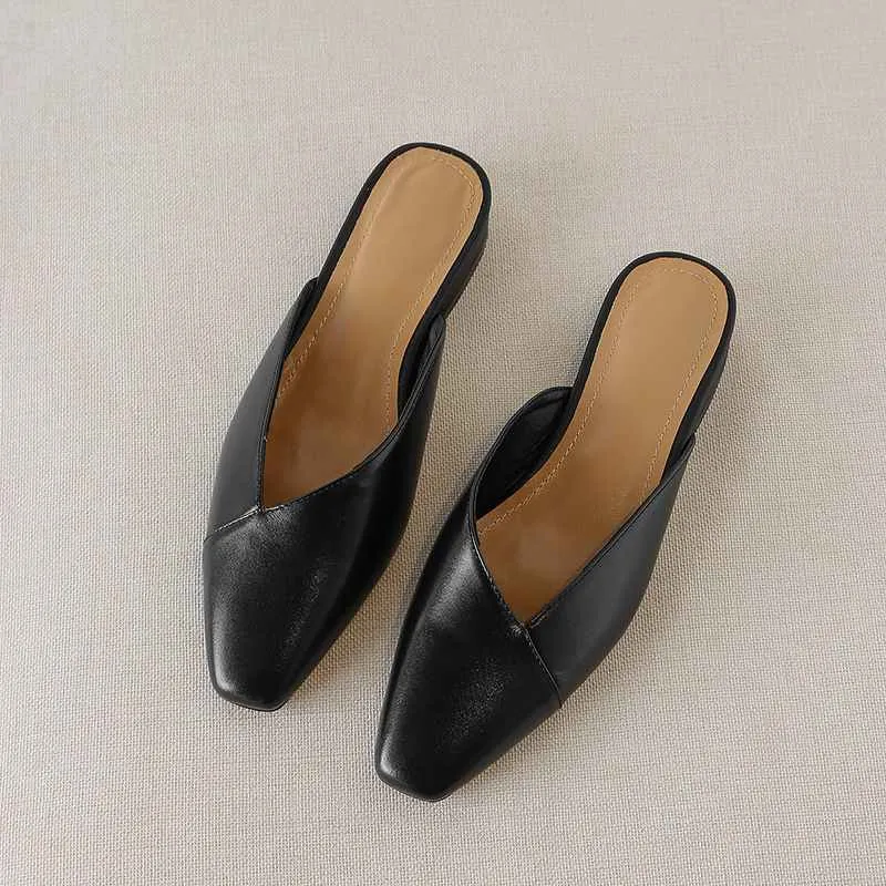 vintage genuine leather mules women low heels Korean sweety square toe simple lazy style summer holiday pumps