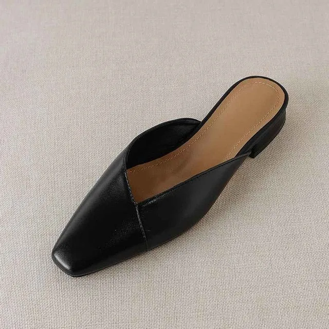 vintage genuine leather mules women low heels Korean sweety square toe simple lazy style summer holiday pumps