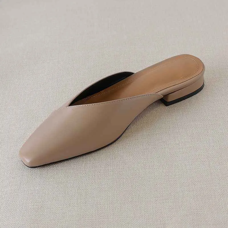 vintage genuine leather mules women low heels Korean sweety square toe simple lazy style summer holiday pumps