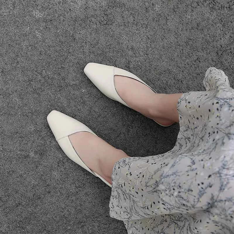 vintage genuine leather mules women low heels Korean sweety square toe simple lazy style summer holiday pumps
