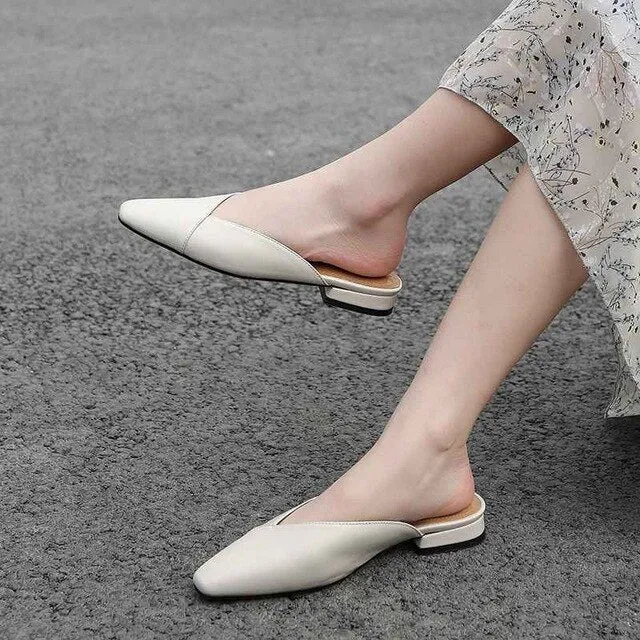 vintage genuine leather mules women low heels Korean sweety square toe simple lazy style summer holiday pumps