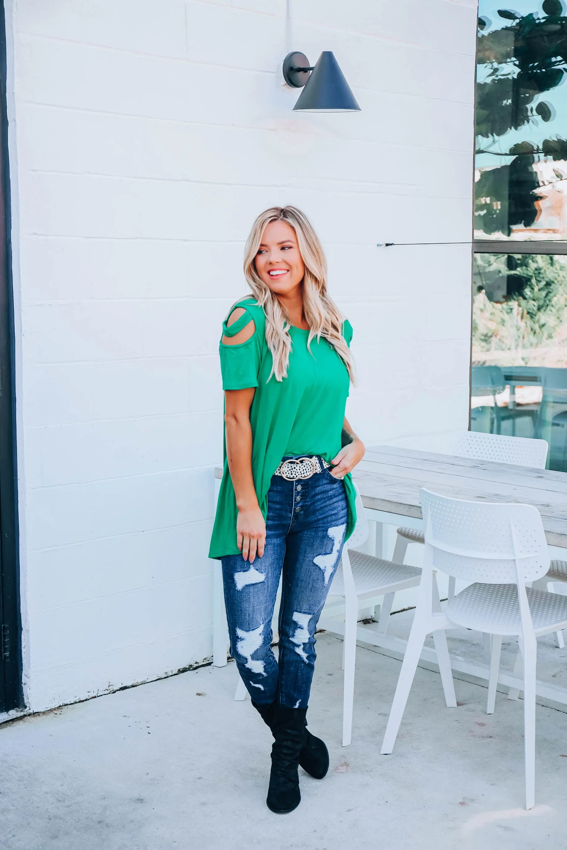 What A Tease Cold Shoulder Top - Green