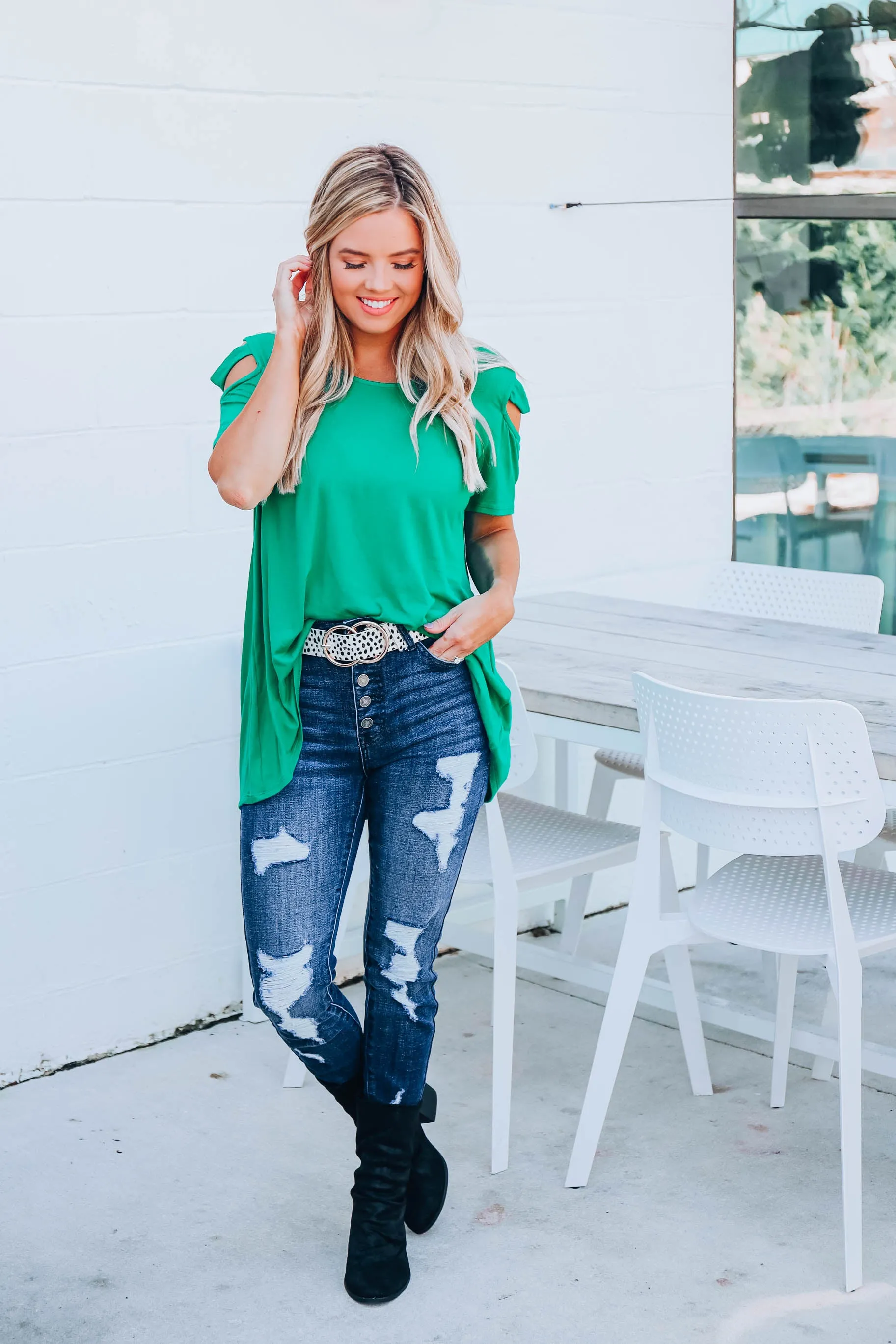 What A Tease Cold Shoulder Top - Green