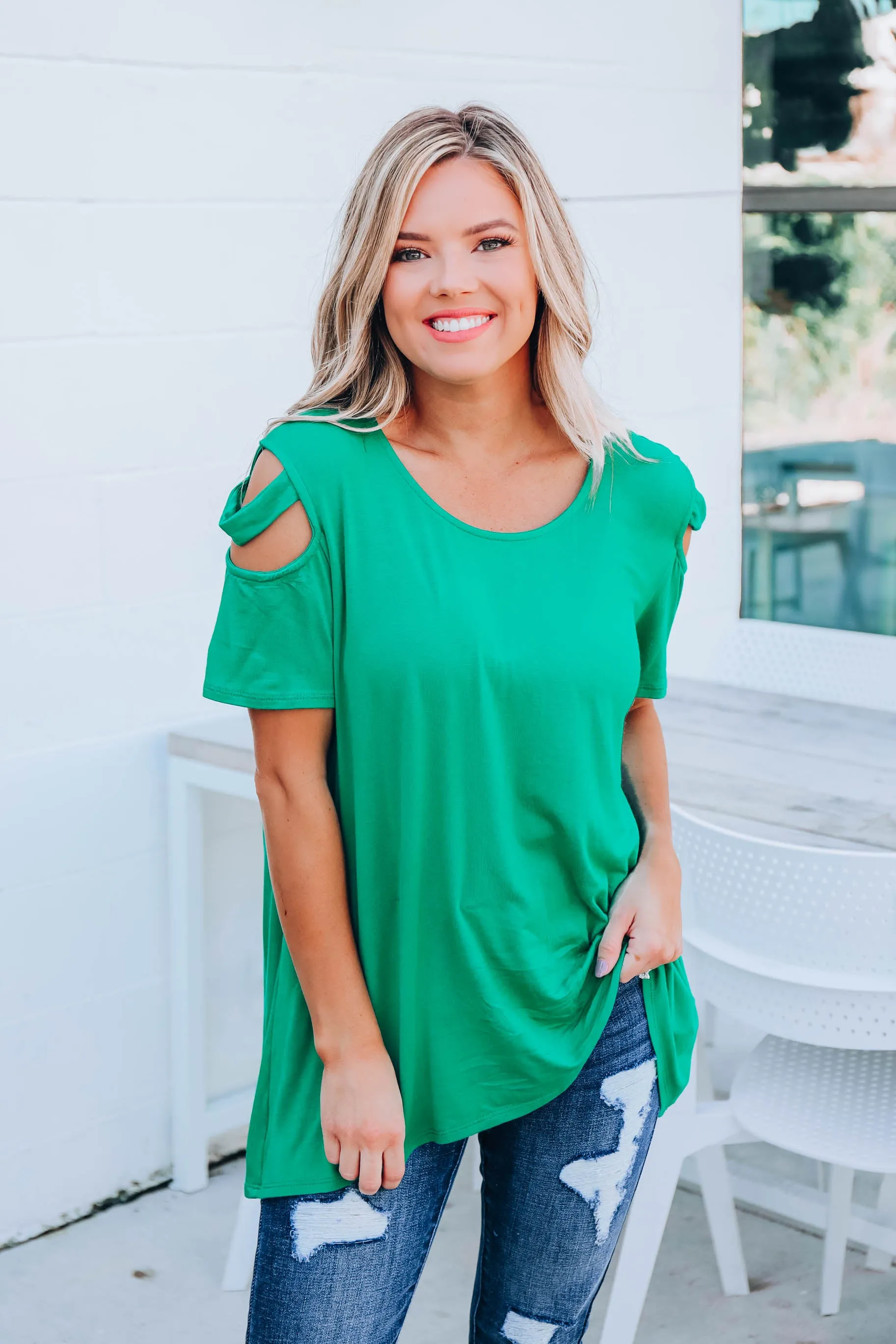 What A Tease Cold Shoulder Top - Green
