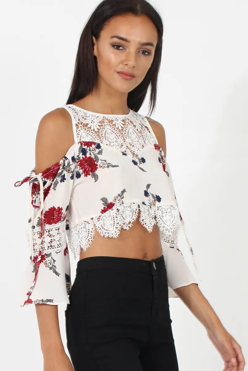 White & Red Floral Print Cold Shoulder Crop Top - Juni