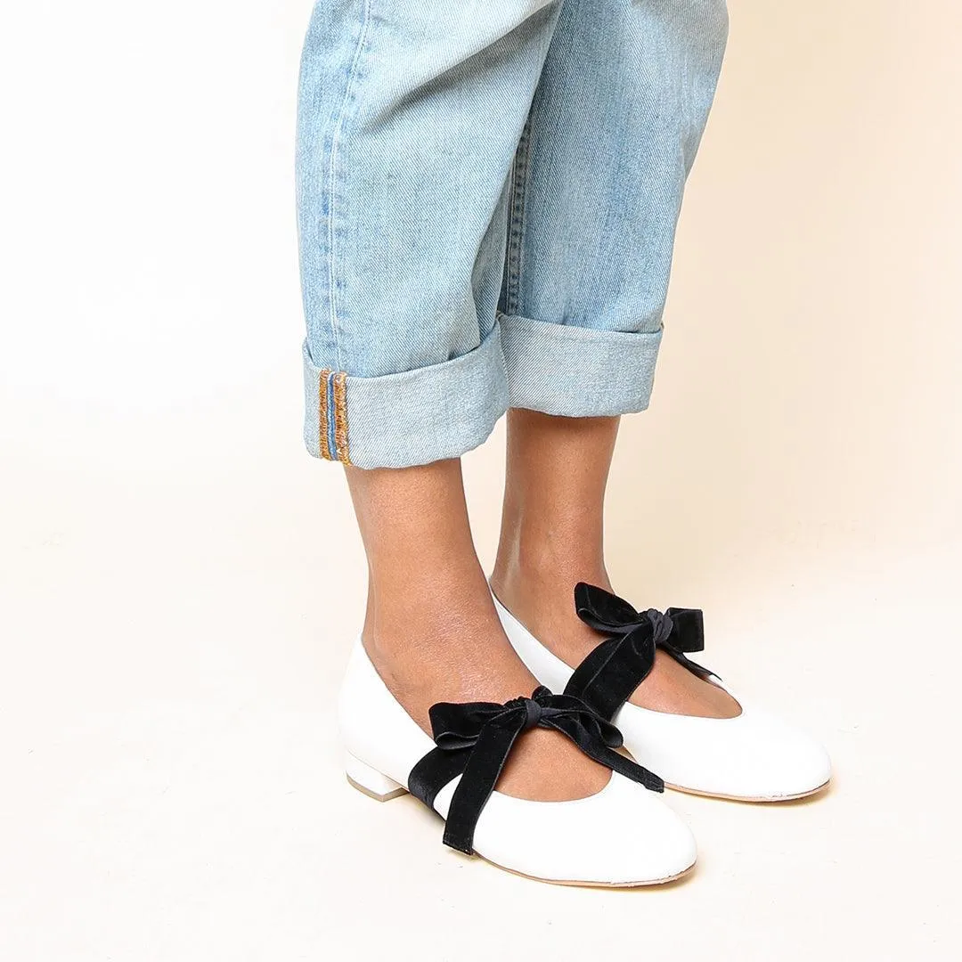 White Ballet Flat   Black Velvet Marie Strap