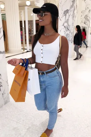 White Button Front Crop Top -Teia