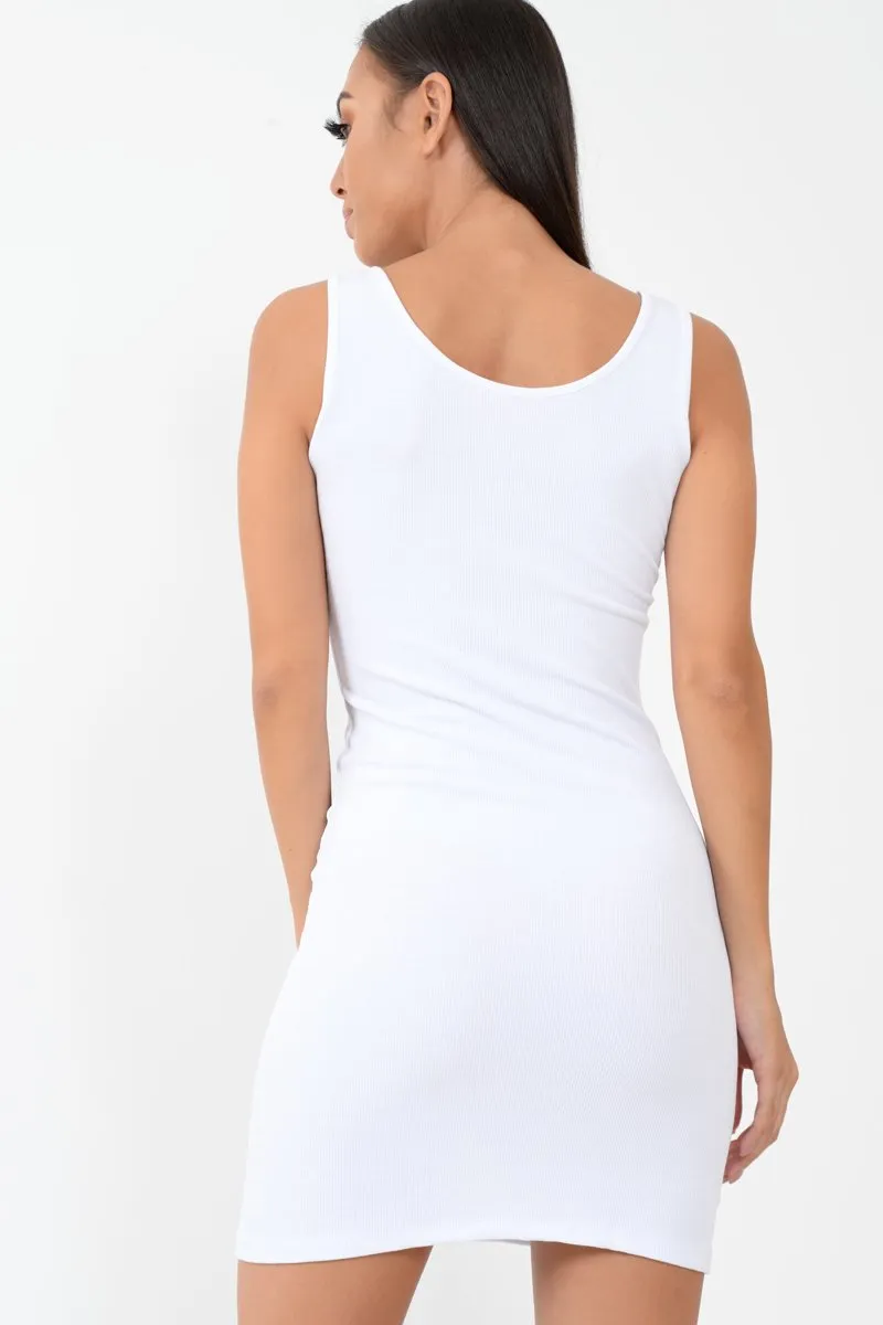 White Button Front Ribbed Bodycon Dress - Oliviana