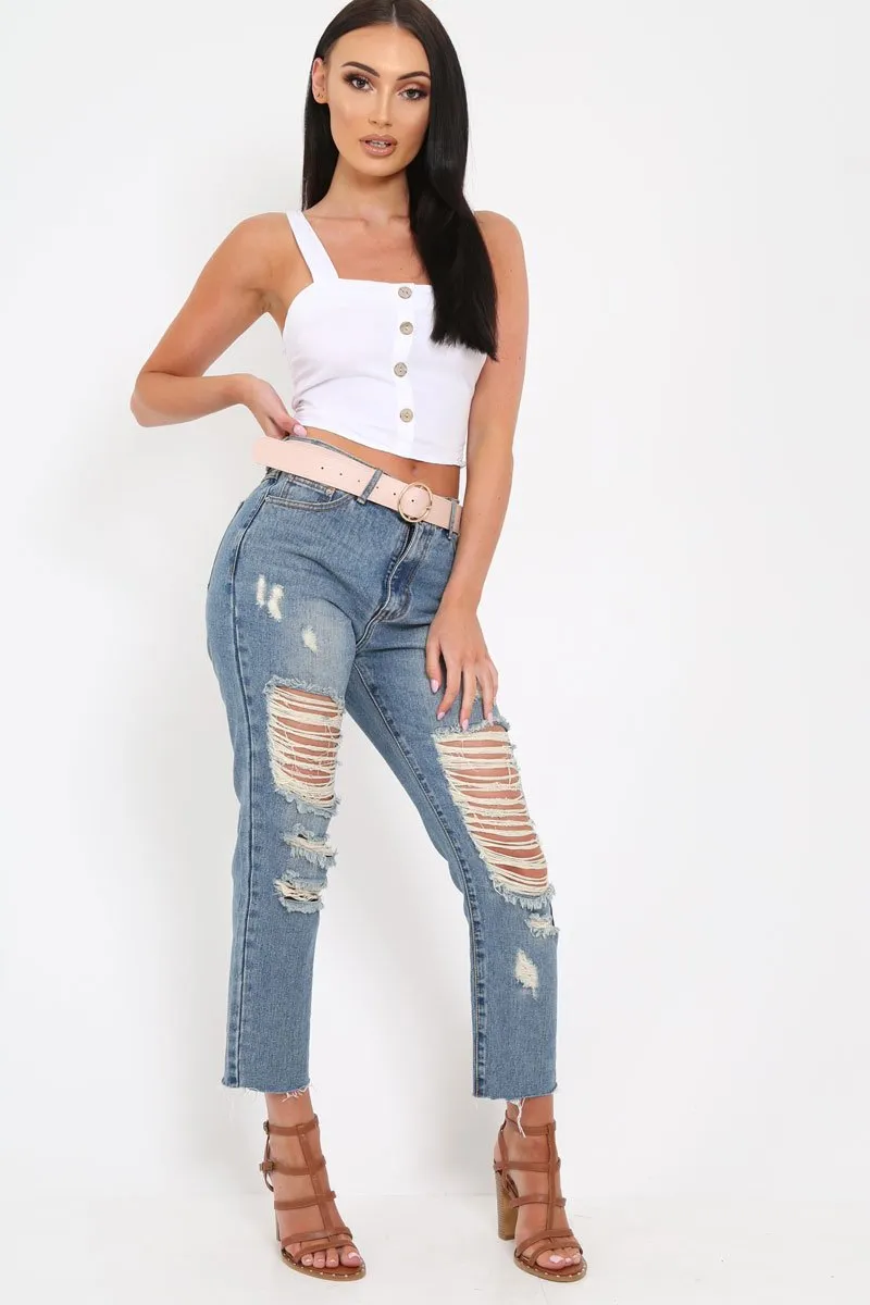 White Button Up Front Crop Top - Kelci