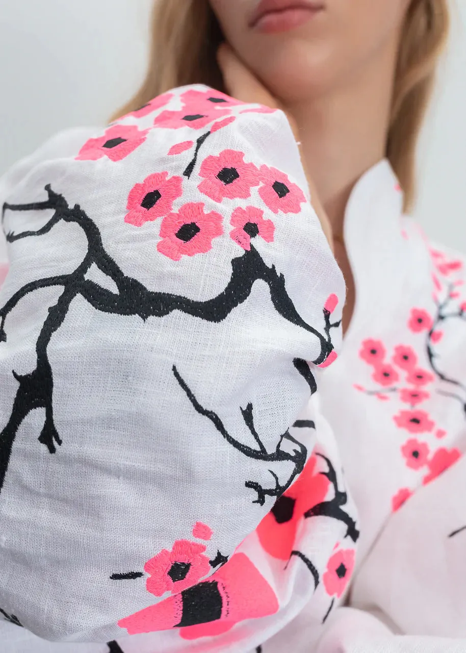 White embroidered dress with cherry blossoms