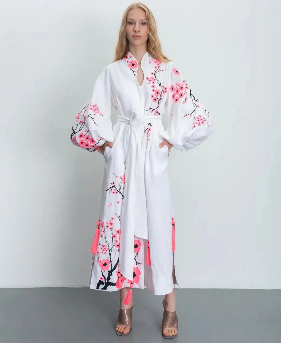 White embroidered dress with cherry blossoms