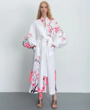 White embroidered dress with cherry blossoms