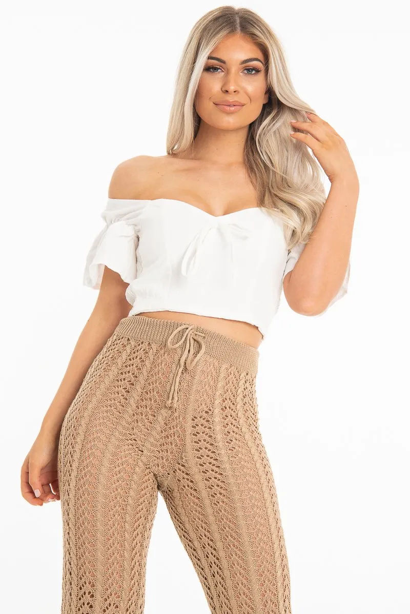 White Linen Sweetheart Shirred Back Crop Top - Cassey