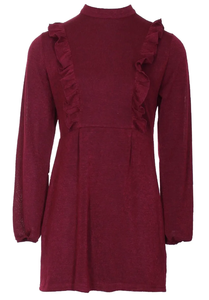 Wine Frill Front Dress