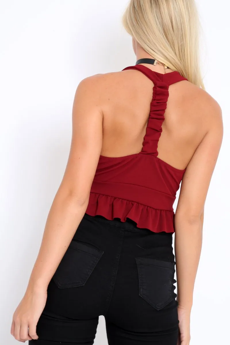 Wine Frill Hem Racer Back Crop Top - Lucie