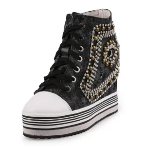 Women Height Increasing Hidden Heel Crystal Wedges Shoes