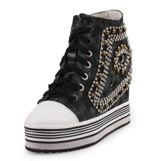 Women Height Increasing Hidden Heel Crystal Wedges Shoes