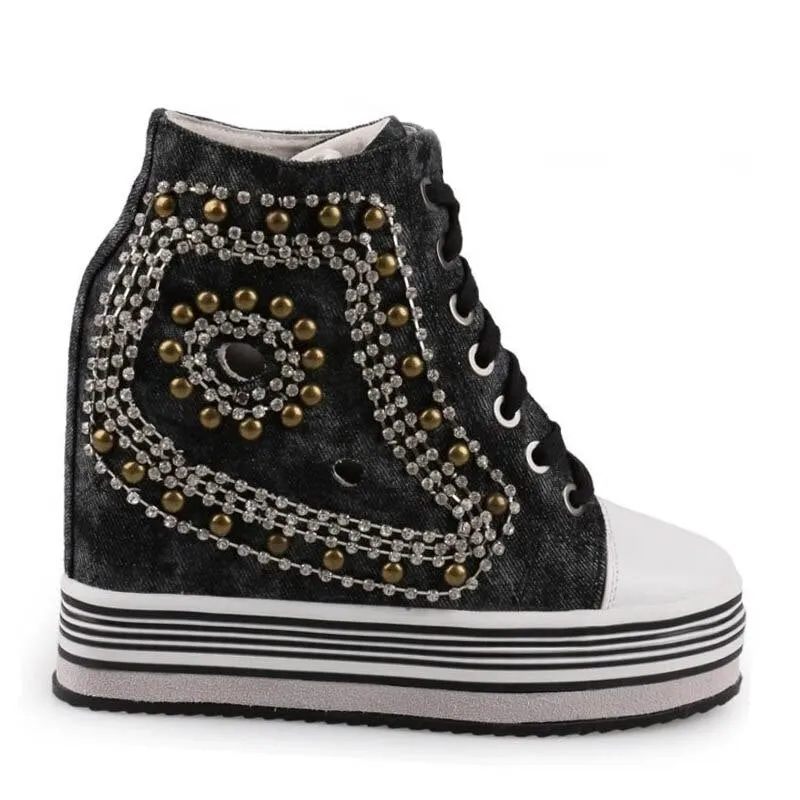 Women Height Increasing Hidden Heel Crystal Wedges Shoes