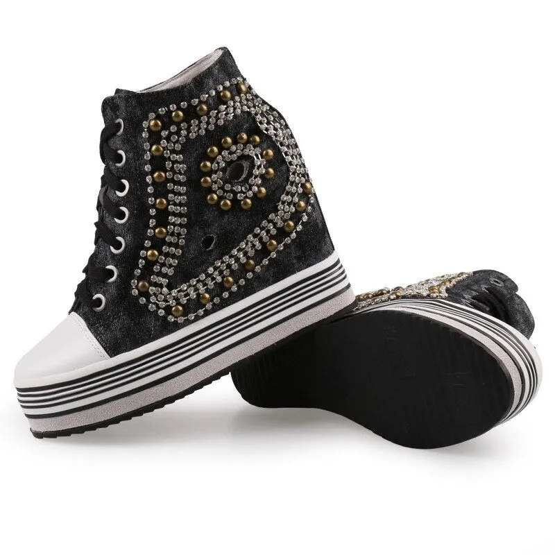 Women Height Increasing Hidden Heel Crystal Wedges Shoes