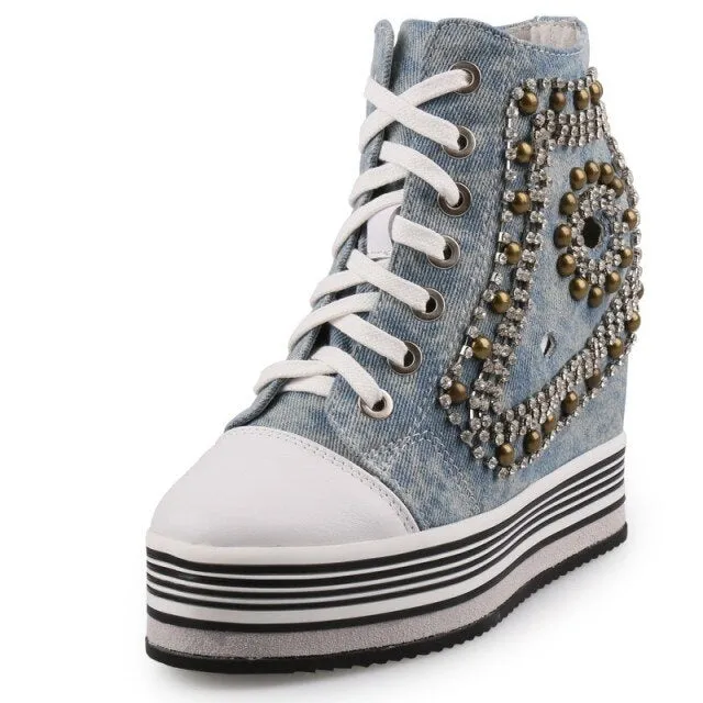 Women Height Increasing Hidden Heel Crystal Wedges Shoes