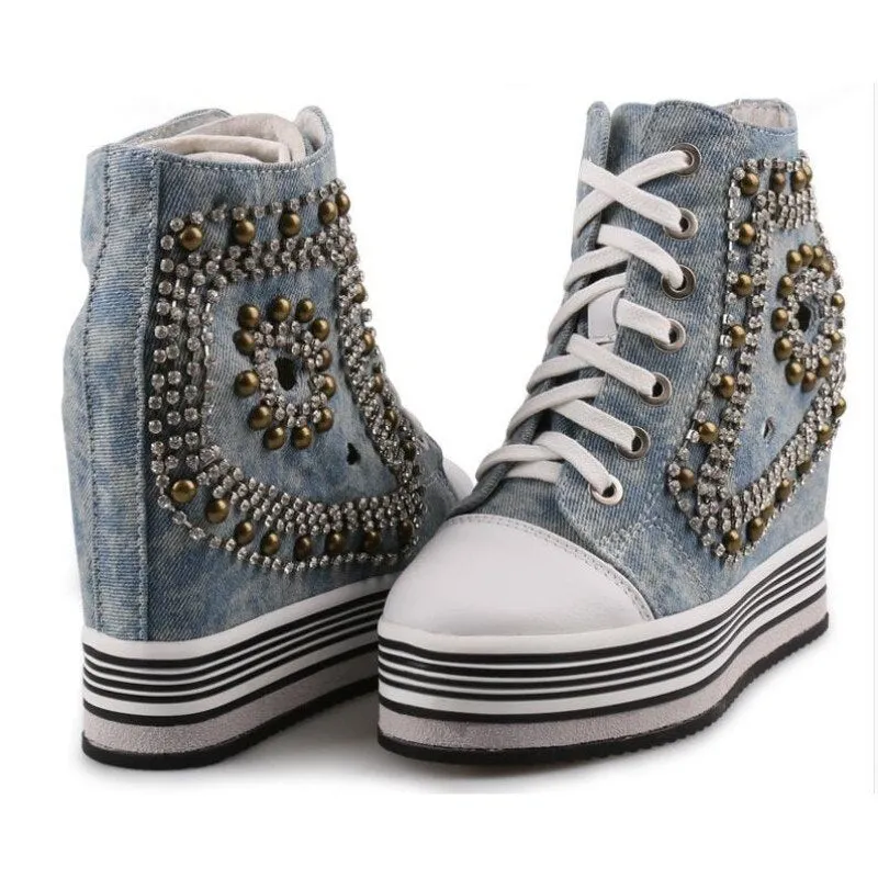 Women Height Increasing Hidden Heel Crystal Wedges Shoes