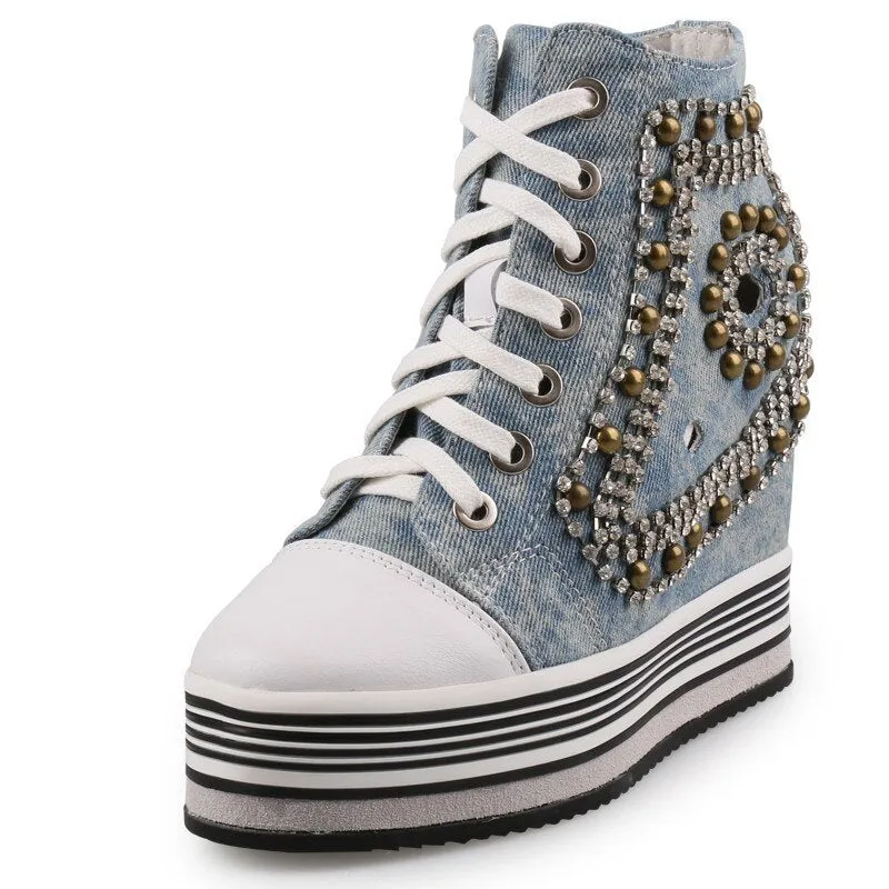 Women Height Increasing Hidden Heel Crystal Wedges Shoes