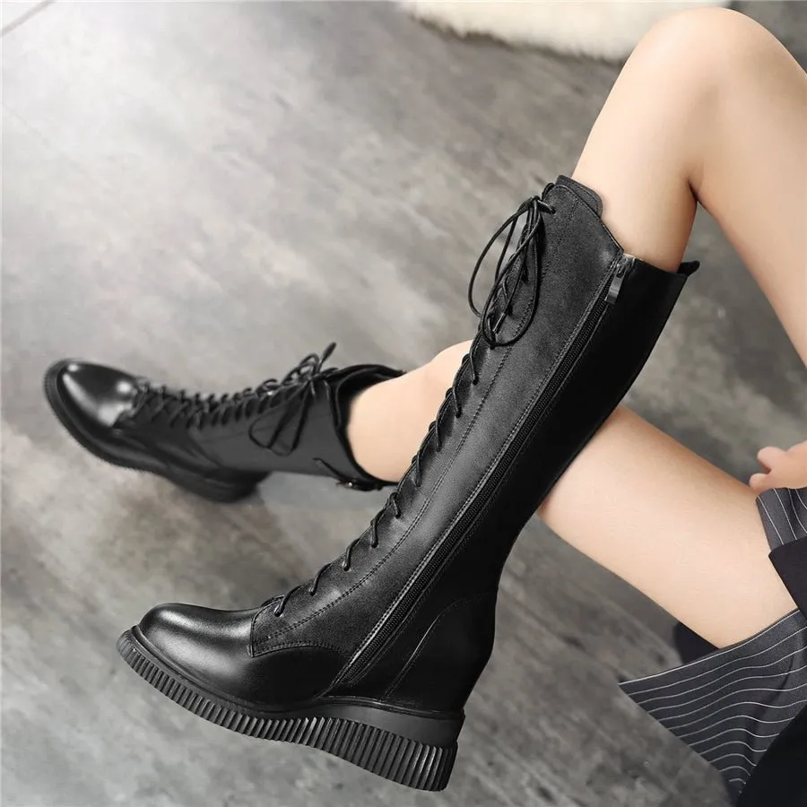 Women Lace Up Genuine Leather High Heel Mid Calf Motorcycle Boots