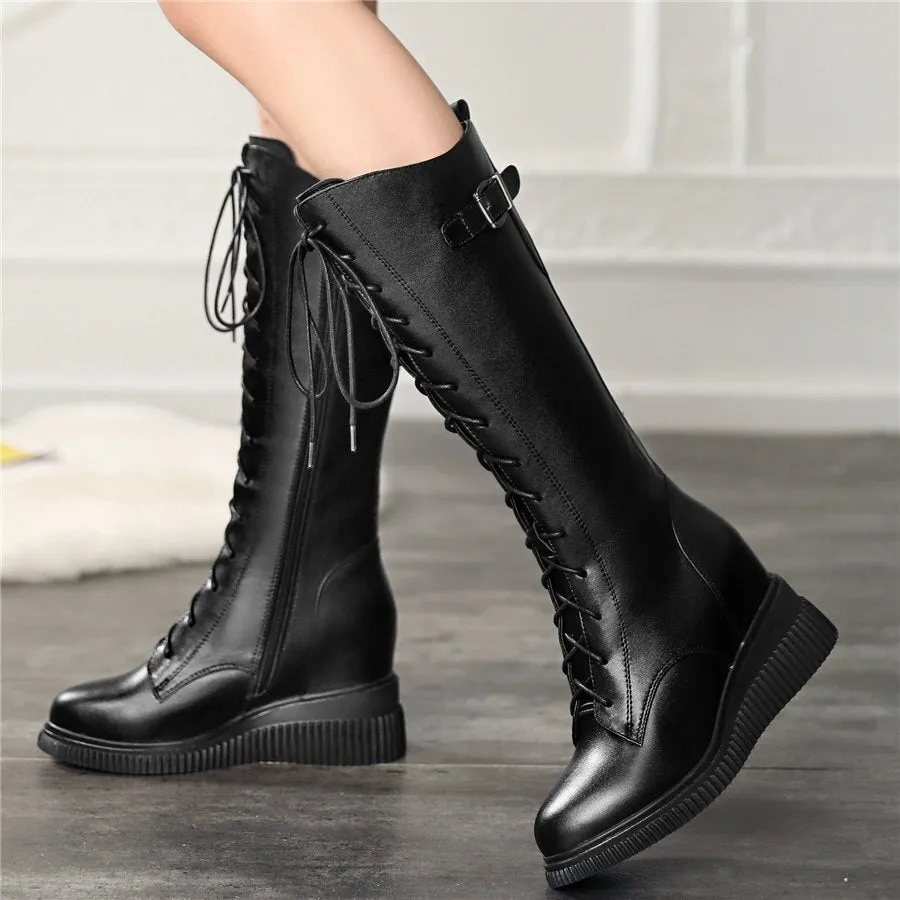 Women Lace Up Genuine Leather High Heel Mid Calf Motorcycle Boots