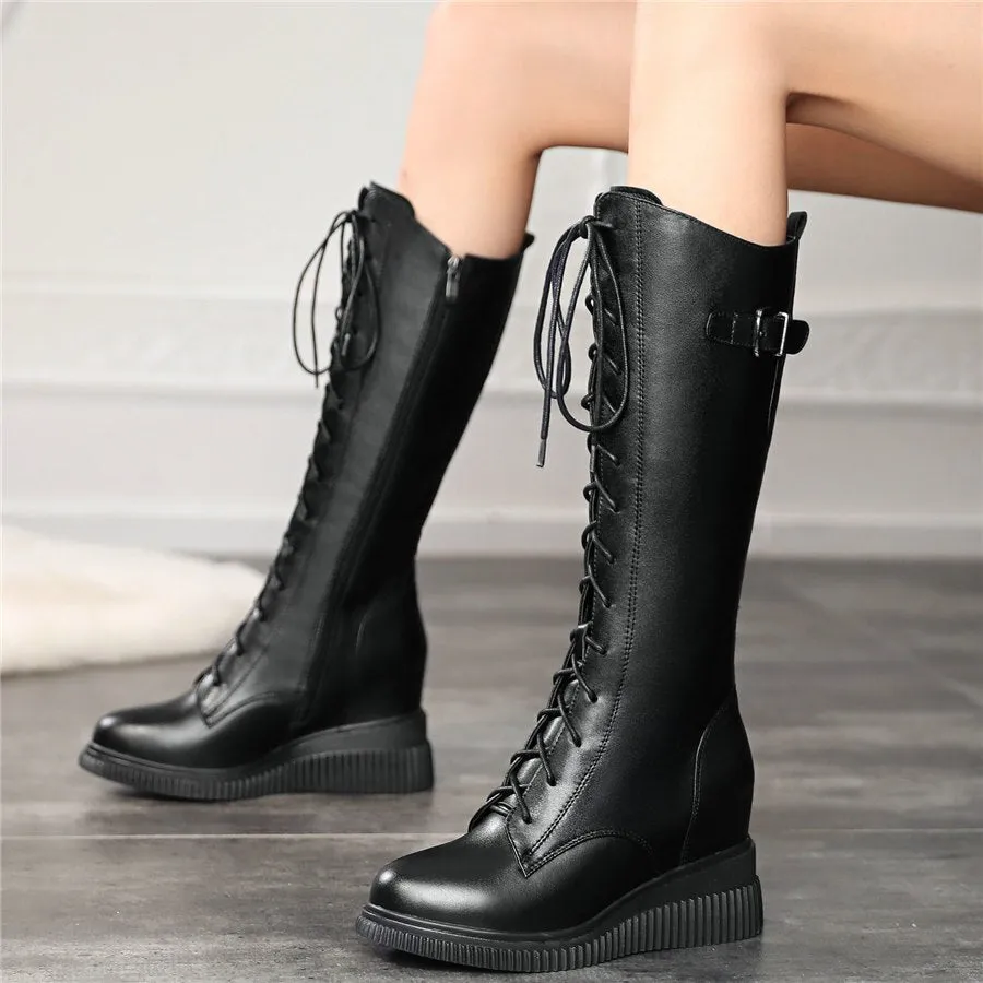 Women Lace Up Genuine Leather High Heel Mid Calf Motorcycle Boots