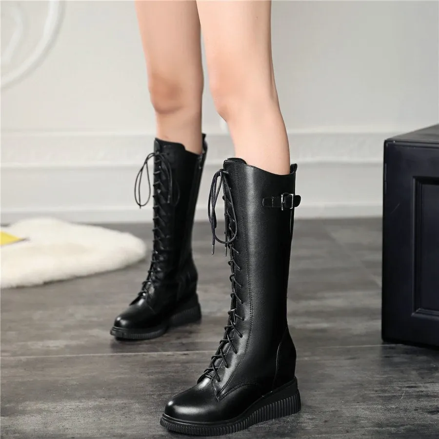 Women Lace Up Genuine Leather High Heel Mid Calf Motorcycle Boots
