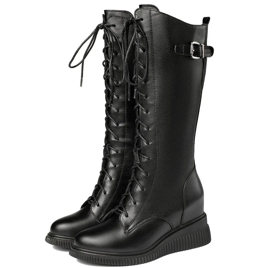 Women Lace Up Genuine Leather High Heel Mid Calf Motorcycle Boots