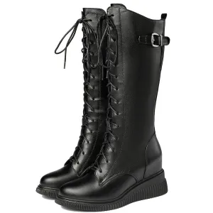 Women Lace Up Genuine Leather High Heel Mid Calf Motorcycle Boots