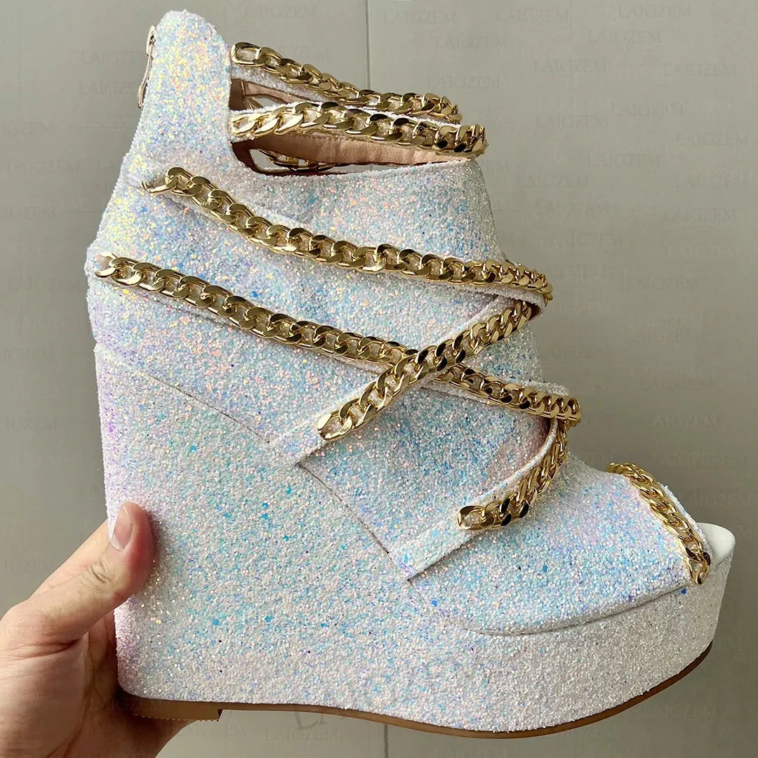 Women Pumps Platform Wedge Peep Toe Metal Chains Sandals