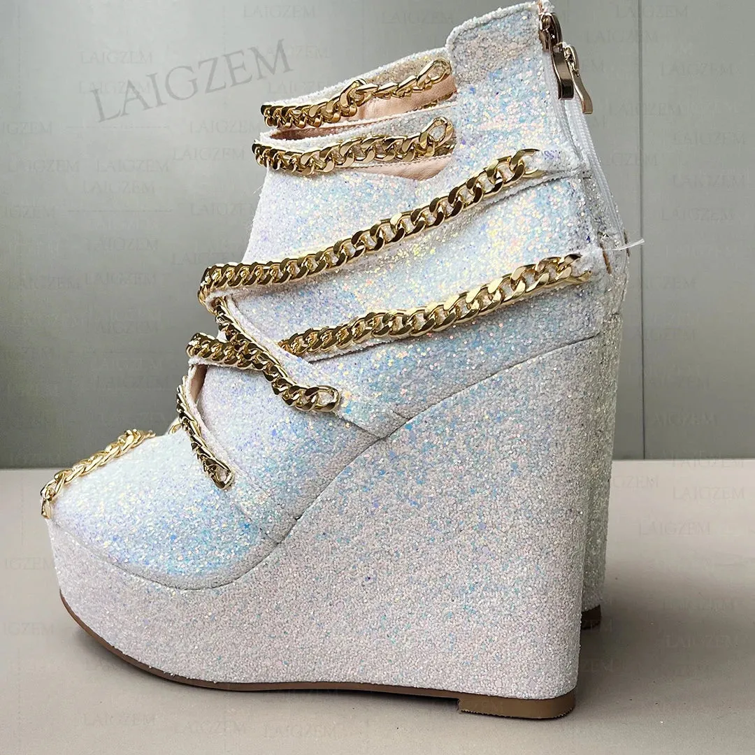 Women Pumps Platform Wedge Peep Toe Metal Chains Sandals