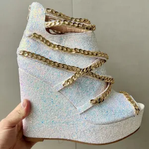 Women Pumps Platform Wedge Peep Toe Metal Chains Sandals