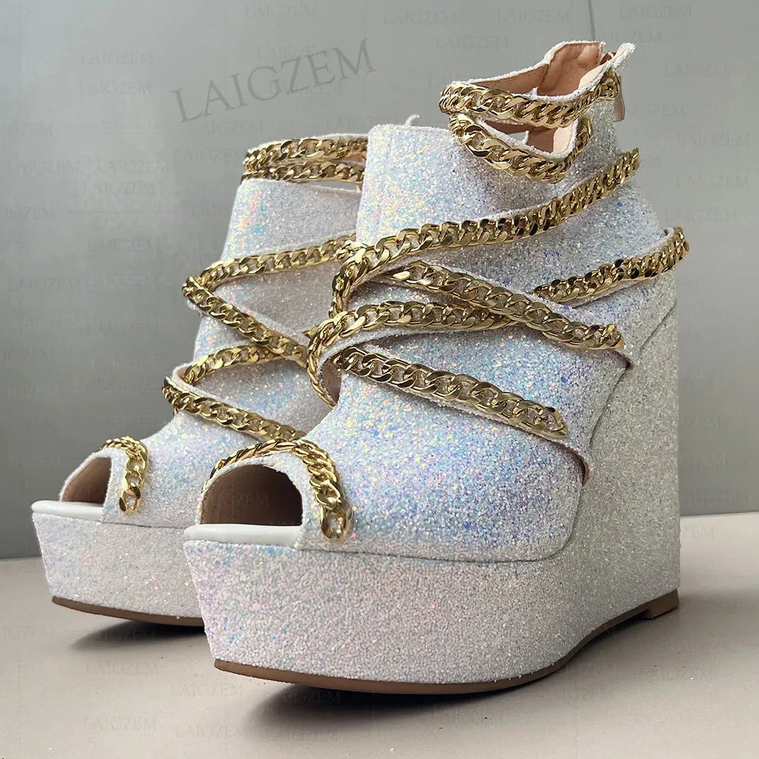 Women Pumps Platform Wedge Peep Toe Metal Chains Sandals