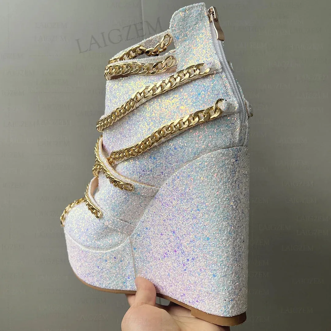 Women Pumps Platform Wedge Peep Toe Metal Chains Sandals